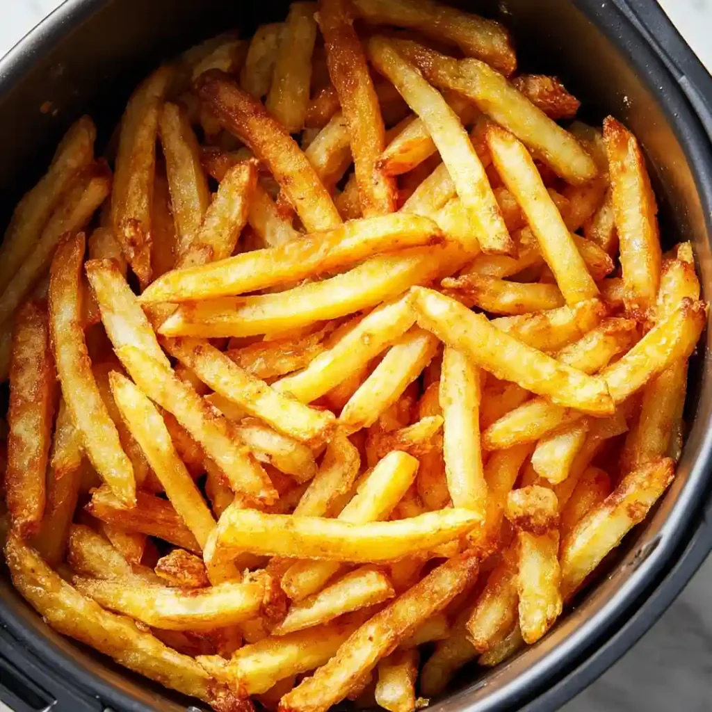 Réchauffer au airfryer : le guide complet 4 Frites dorées et croustillantes réchauffées au airfryer vues de dessus dans le panier Légende : Des frites froides et molles redeviennent croustillantes en 4 minutes à 200°C — le miracle du réchauffage au airfryer.