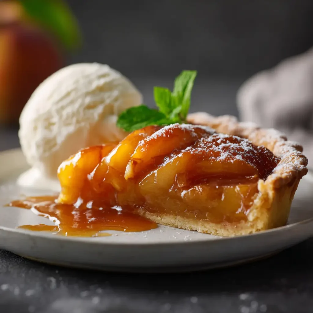 Tarte aux pêches express au airfryer 9 Tranche de tarte aux pêches au airfryer dorée sur assiette blanche avec boule de glace vanille fondant à côté sur fond sombre