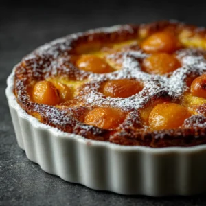 Clafoutis aux abricots au airfryer 15 Clafoutis aux abricots au airfryer doré et moelleux dans un plat blanc avec sucre glace et abricots fondants visibles sur fond sombre