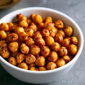 Pois chiches au airfryer 45 Pois chiches au airfryer dorés et croustillants dans un bol blanc saupoudrés de paprika fumé sur fond sombre