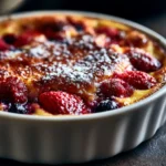 Gratin de fruits rouges au airfryer doré avec fraises framboises et myrtilles visibles sous l'appareil crémeux dans un plat blanc sur fond sombre