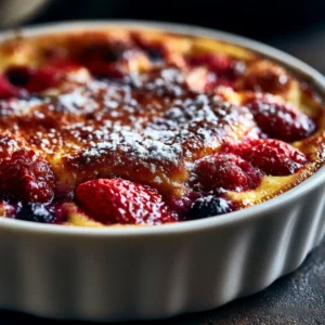 Gratin de fruits rouges au airfryer 11 Gratin de fruits rouges au airfryer doré avec fraises framboises et myrtilles visibles sous l'appareil crémeux dans un plat blanc sur fond sombre