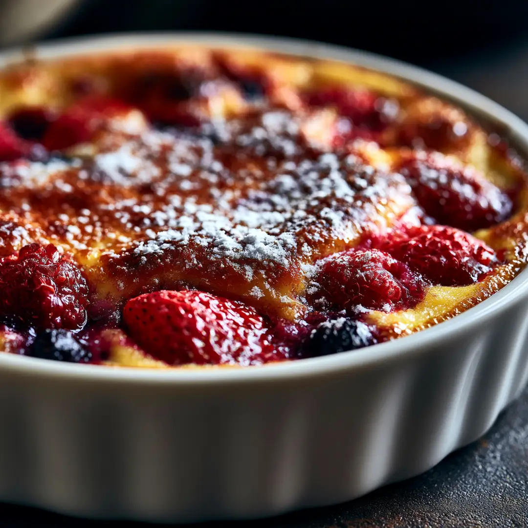 Gratin de fruits rouges au airfryer doré avec fraises framboises et myrtilles visibles sous l'appareil crémeux dans un plat blanc sur fond sombre