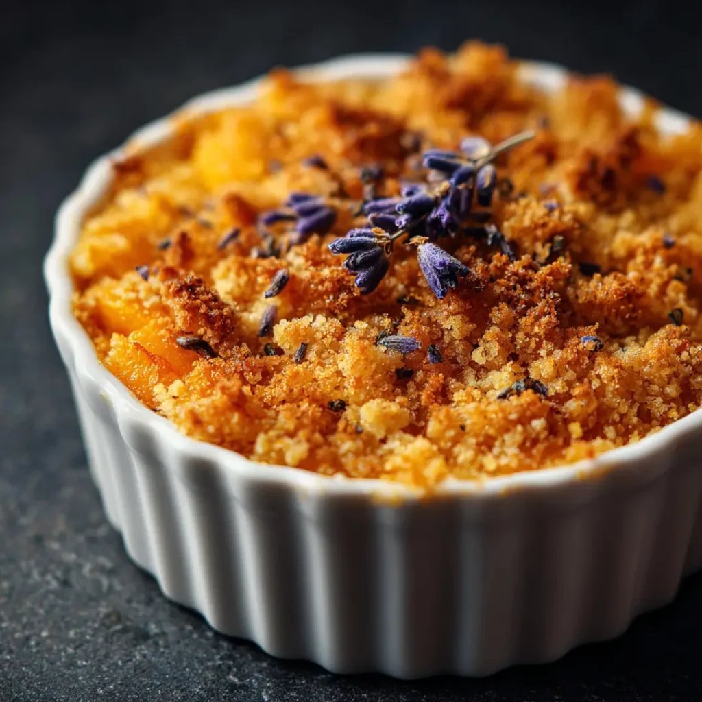 Crumble aux abricots au airfryer 9 Crumble aux abricots au airfryer version amandes et lavande avec poudre d'amandes et fleurs de lavande séchées sur la croûte dorée dans un plat blanc