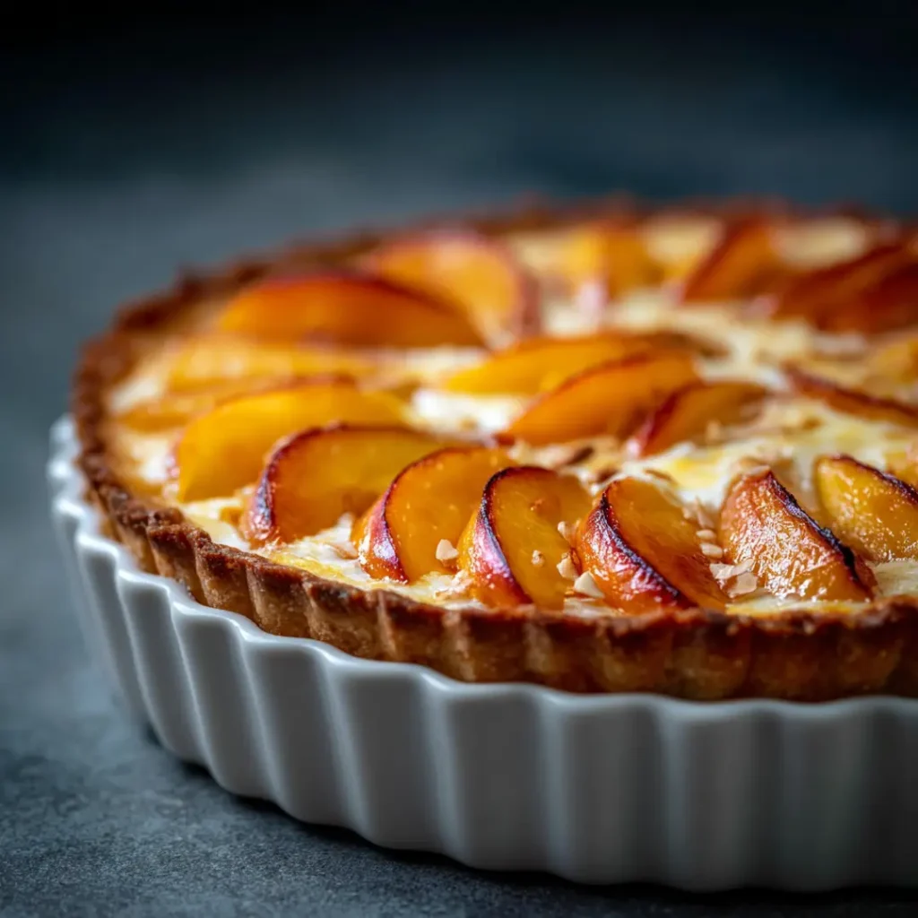 Tarte aux pêches express au airfryer 8 Tarte aux pêches au airfryer version frangipane avec crème d'amandes gonflée et pêches caramélisées dans un plat blanc sur fond sombre