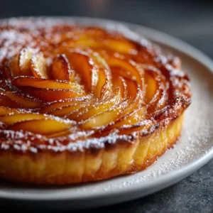 Tarte aux pêches express au airfryer 13 Tarte aux pêches au airfryer dorée avec quartiers de pêches caramélisés en rosace et sucre glace dans un plat blanc sur fond sombre