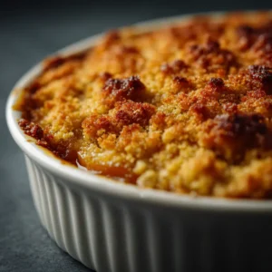 Crumble aux abricots au airfryer 14 Crumble aux abricots au airfryer doré et croustillant dans un plat blanc avec abricots fondants et jus caramélisé sur les bords sur fond sombre