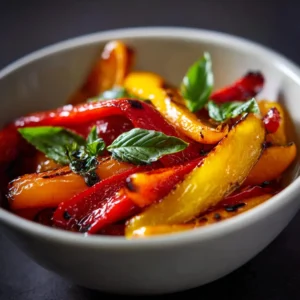 Poivrons grillés au airfryer 21 Poivrons grillés au airfryer rouges jaunes et oranges fondants et caramélisés dans un bol blanc avec basilic frais sur fond sombre