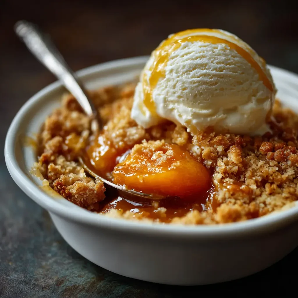 Crumble aux abricots au airfryer 11 Crumble aux abricots au airfryer chaud dans un bol blanc avec une boule de glace vanille fondant sur le dessus sur fond sombre