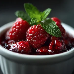 Framboises rôties au airfryer 20 Framboises rôties au airfryer légèrement effondrées avec jus sirupeux rouge intense dans un plat en céramique blanche et menthe fraîche sur fond sombre