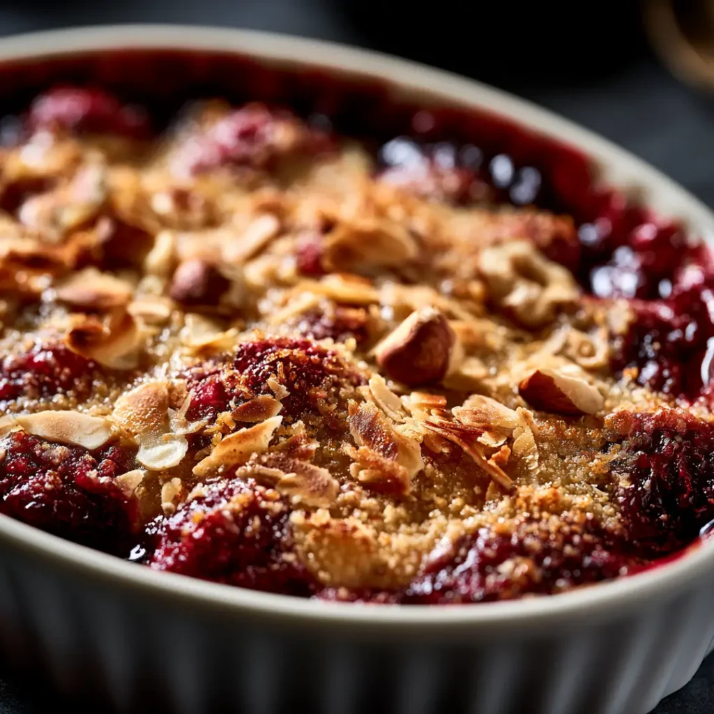 Gratin de fruits rouges au airfryer 10 Gratin de fruits rouges au airfryer version noisettes et miel avec amandes effilées toastées sur le dessus doré dans un plat blanc sur fond sombre