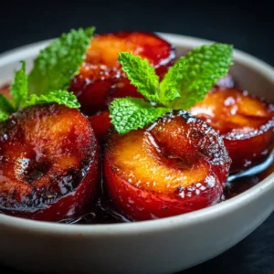 Prunes rôties au airfryer 19 Prunes rôties au airfryer caramélisées dans un plat en céramique blanche avec jus ambré sirupeux et menthe fraîche sur fond sombre