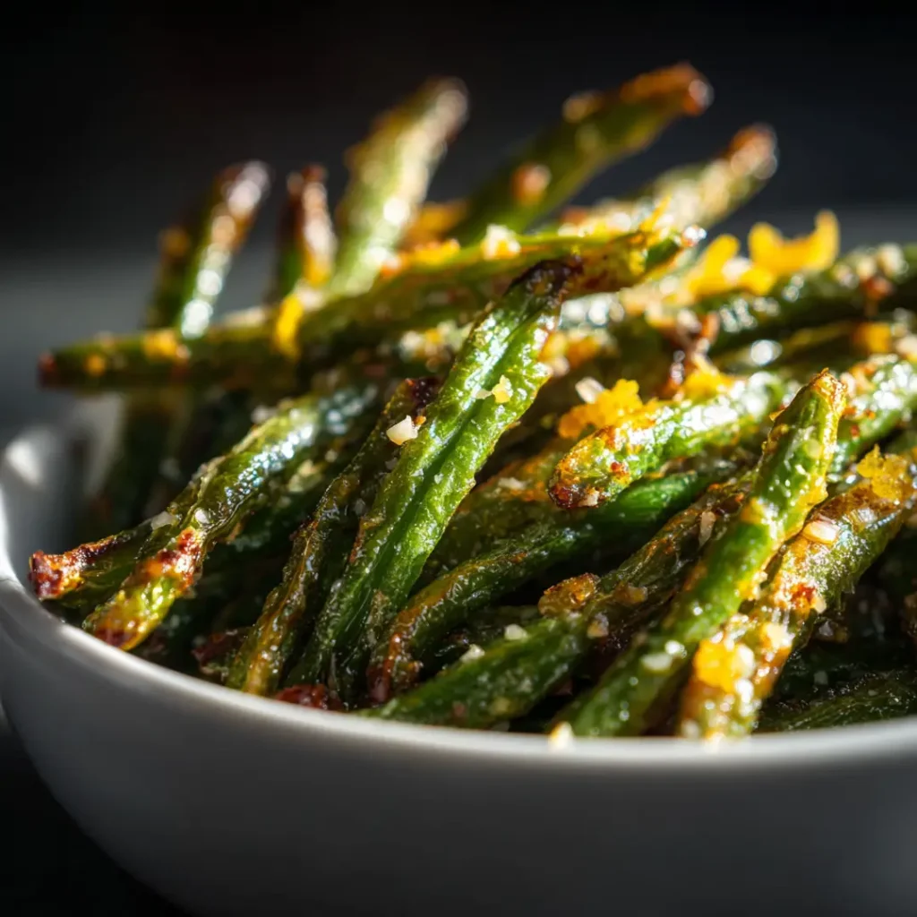 Haricots verts au airfryer croquants et dorés dans un bol blanc avec parmesan et zeste de citron sur fond sombre