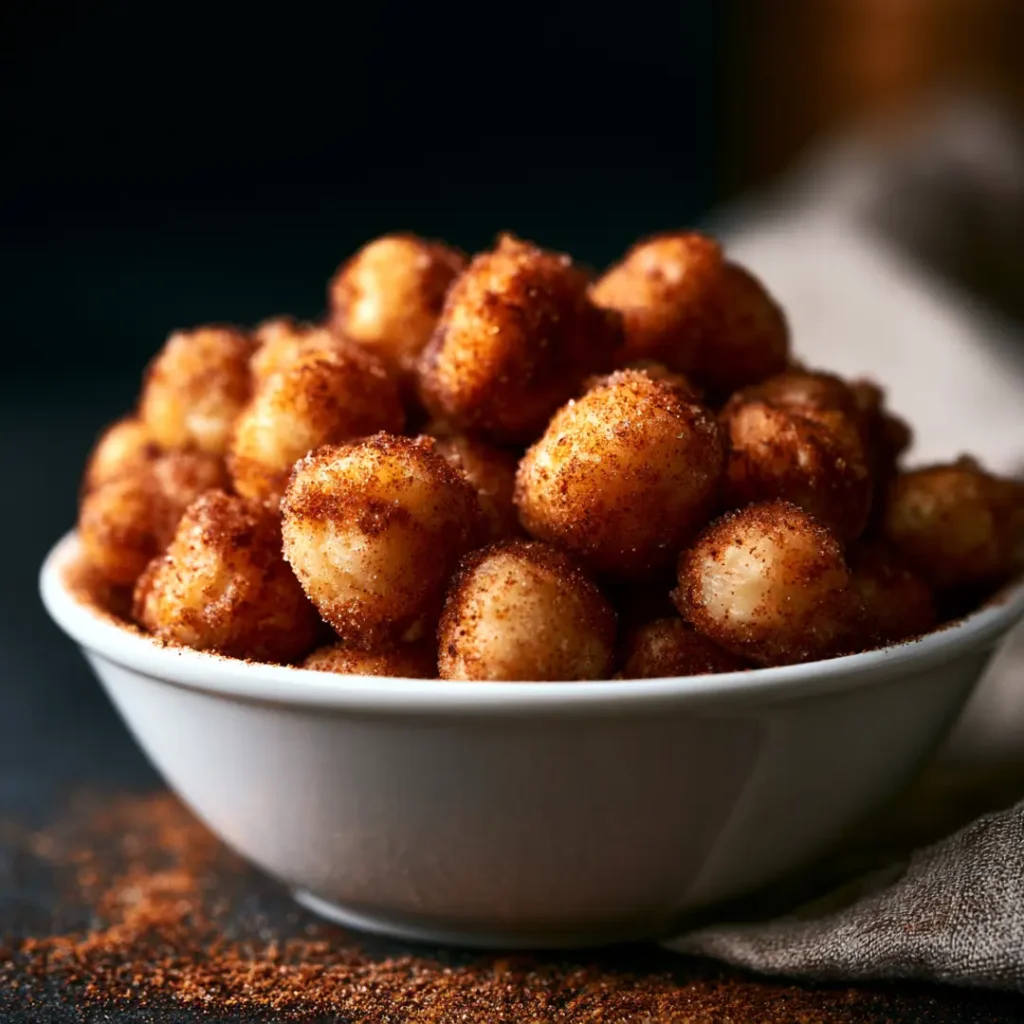 Pois chiches au airfryer 8 Pois chiches au airfryer version sucrée cannelle dorés et croustillants dans un bol blanc sur fond sombre