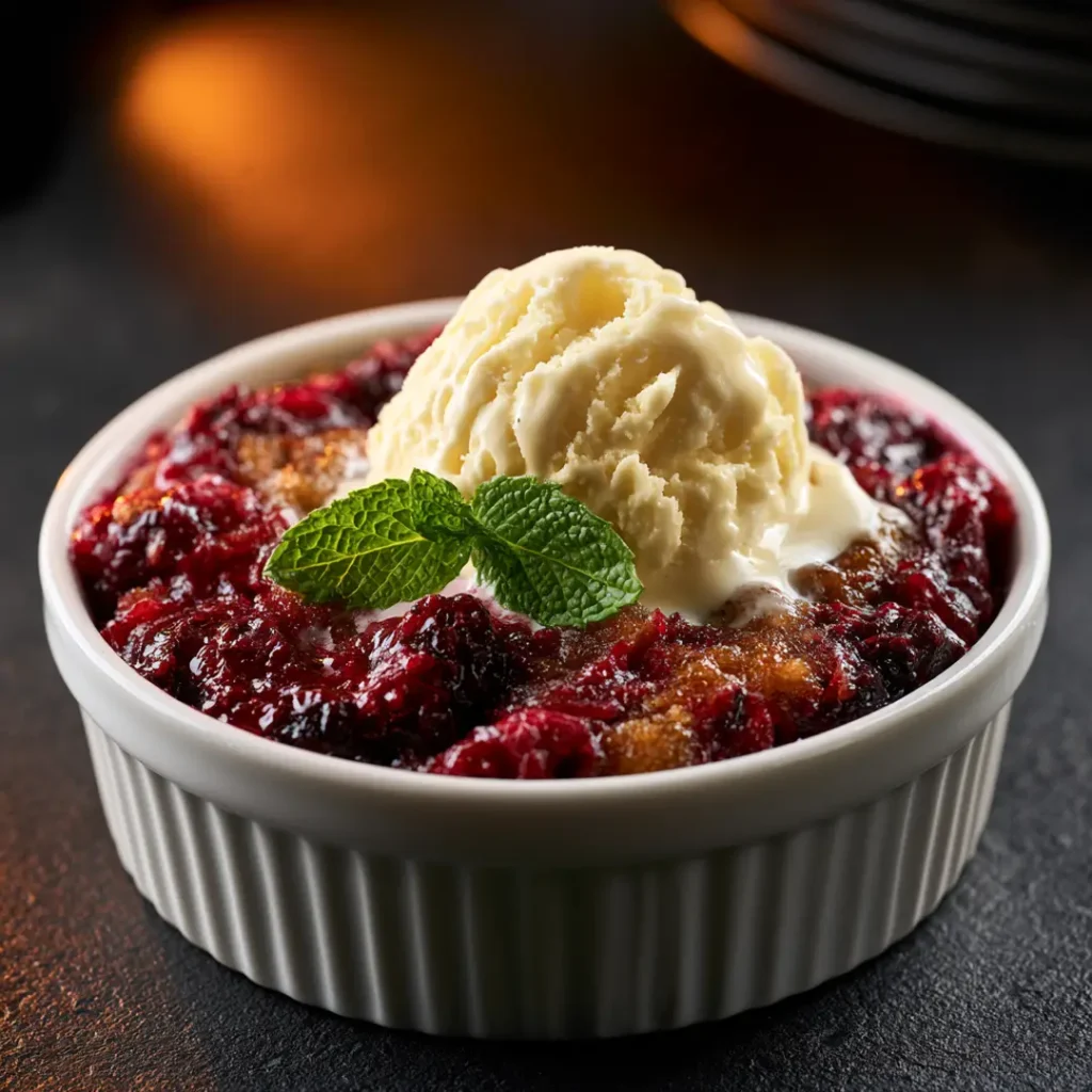 Gratin de fruits rouges au airfryer 11 Gratin de fruits rouges au airfryer dans un ramequin blanc avec boule de glace vanille fondant et menthe fraîche sur fond sombre