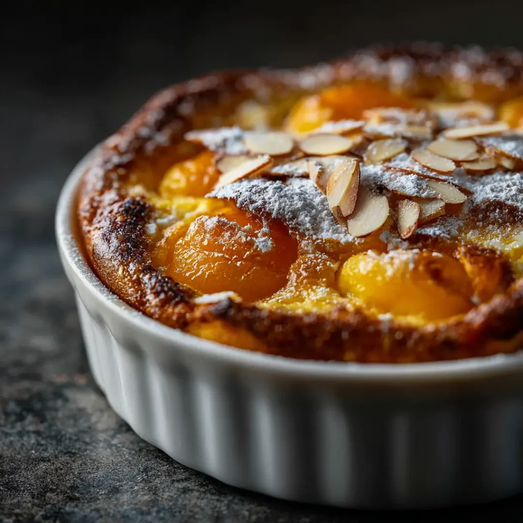 Clafoutis aux abricots au airfryer 8 Clafoutis aux abricots au airfryer version amandes avec amandes effilées dorées sur le dessus et sucre glace dans un plat blanc sur fond sombre