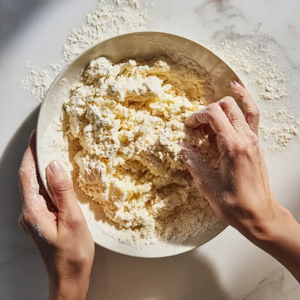 Crumble aux abricots au airfryer 8 Mains sablant du beurre froid en dés dans un mélange farine sucre brun pour la pâte à crumble aux abricots au airfryer