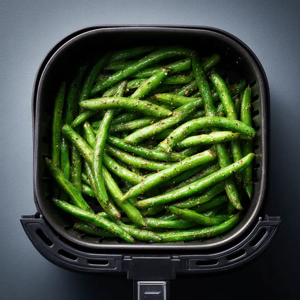Haricots verts au airfryer 8 Haricots verts frais assaisonnés disposés en une seule couche dans le panier ouvert d'un airfryer avant cuisson