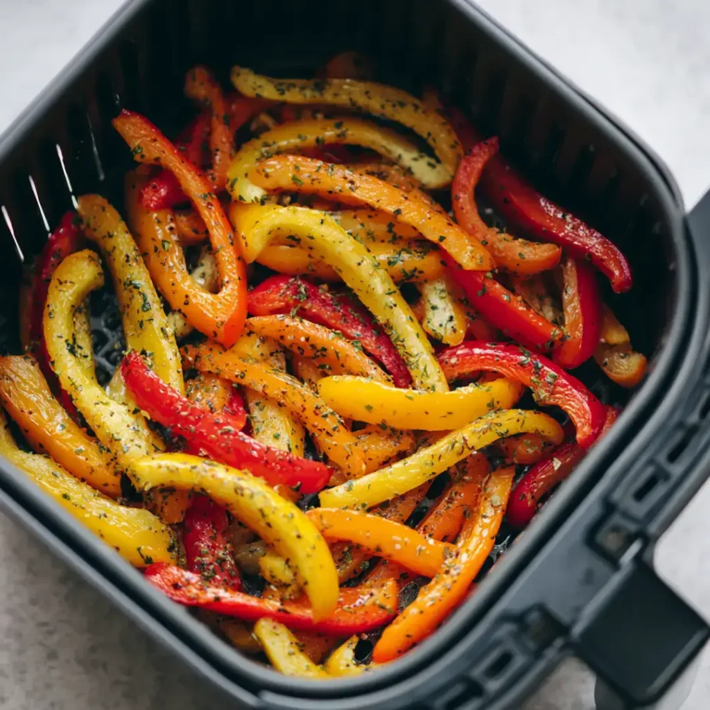 Poivrons grillés au airfryer 8 Lanières de poivrons rouges jaunes et oranges assaisonnées disposées en une seule couche dans le panier ouvert d'un airfryer avant cuisson