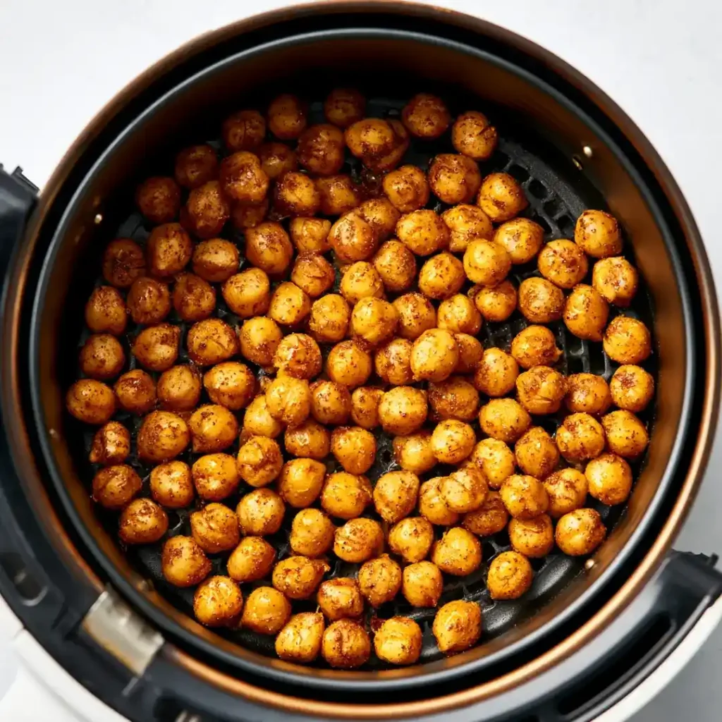 Pois chiches au airfryer 7 Pois chiches assaisonnés disposés en une seule couche dans le panier ouvert d'un airfryer avant cuisson