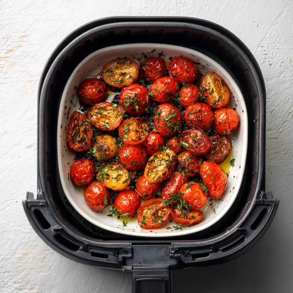 Tomates cerises confites au airfryer 9 Tomates cerises confites au airfryer dorées servies sur tranches de baguette grillées avec basilic frais et filet d'huile d'olive sur ardoise sombre