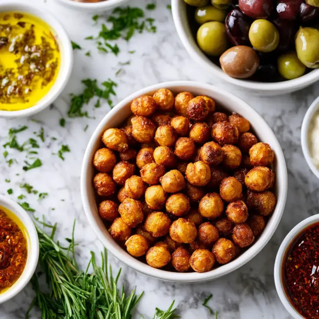 Pois chiches au airfryer 9 Pois chiches au airfryer croustillants servis en plateau apéro avec olives et sauces dips sur fond marbre