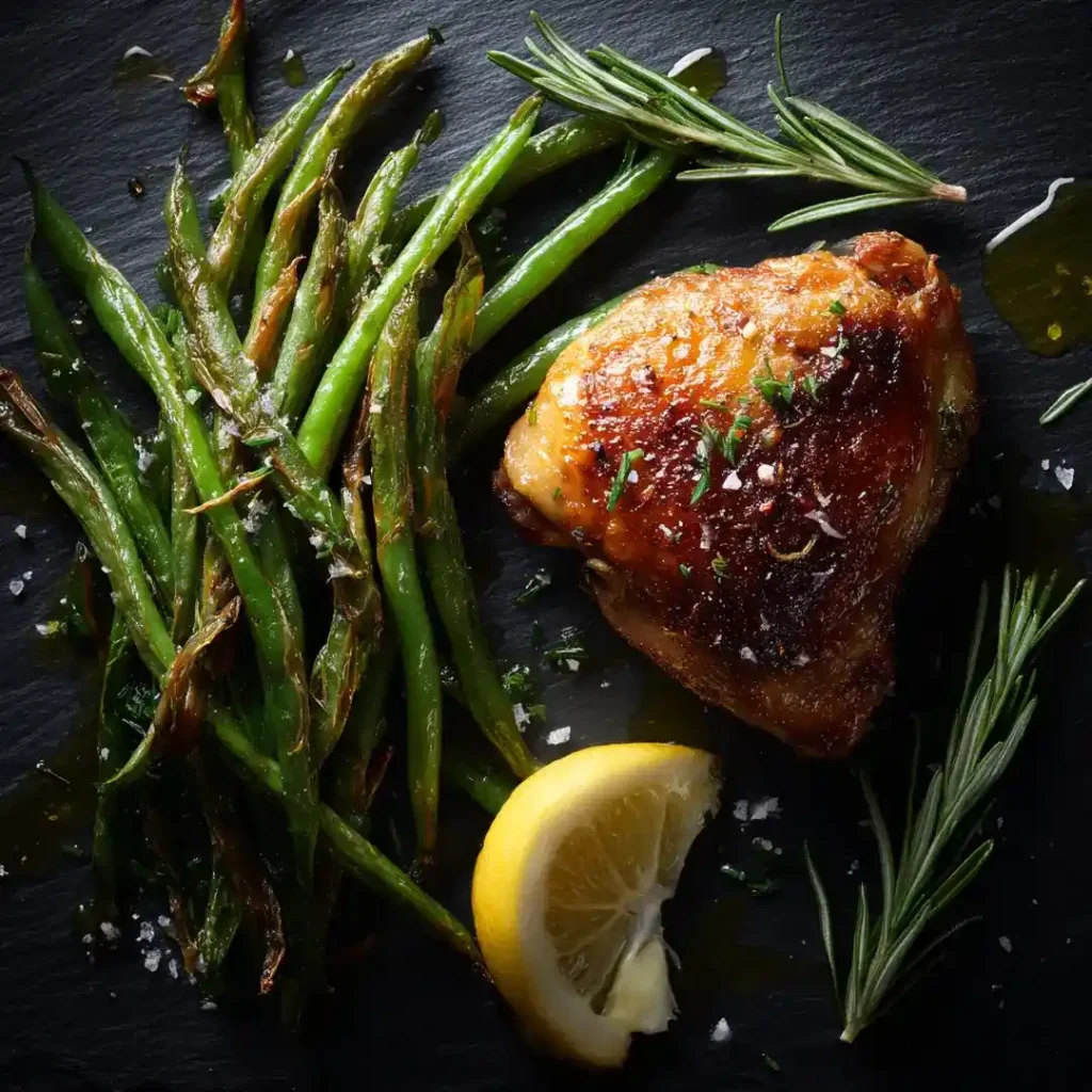 Haricots verts au airfryer 9 Haricots verts au airfryer croquants servis en accompagnement d'une cuisse de poulet rôtie sur ardoise sombre avec herbes fraîches et citron