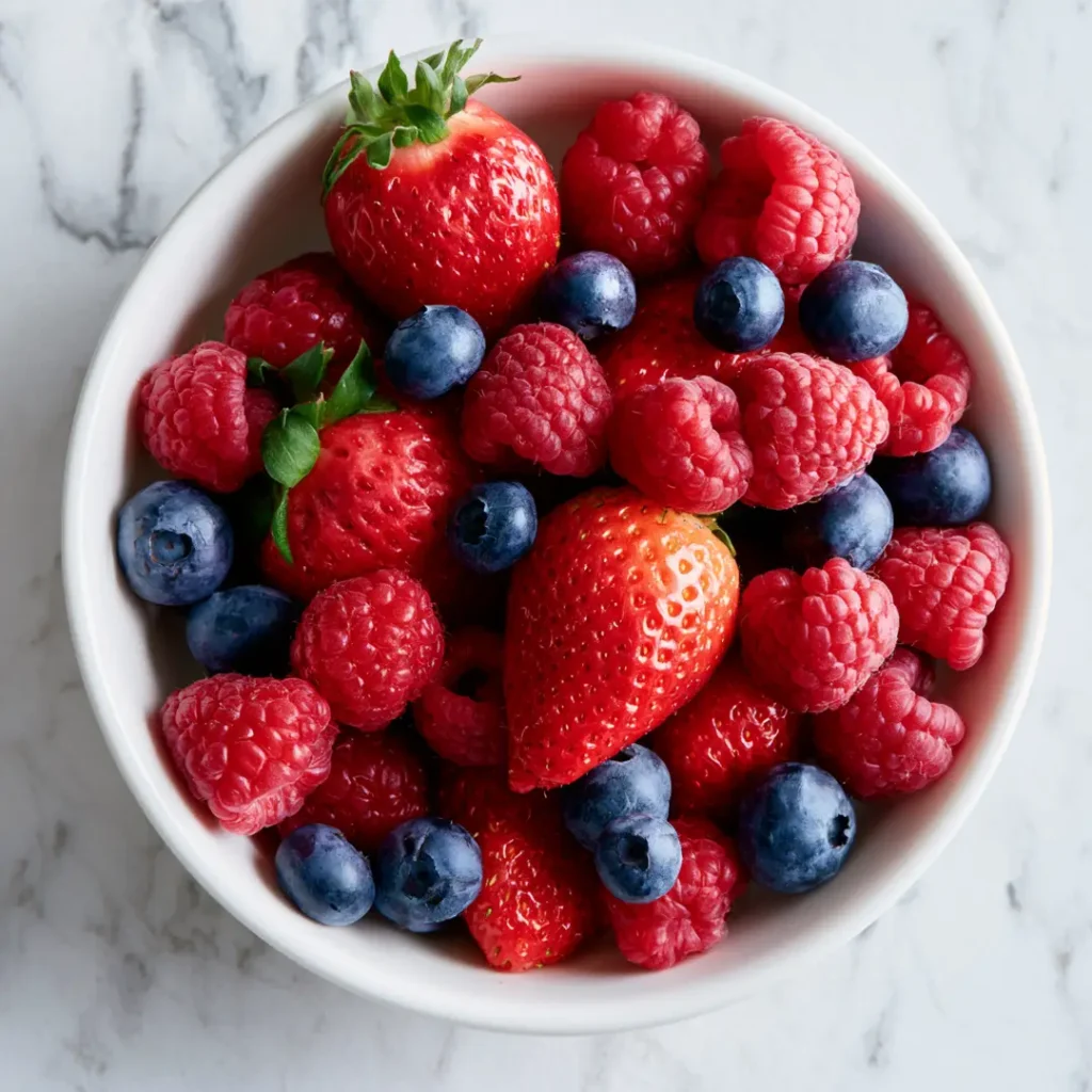 Gratin de fruits rouges au airfryer 8 Mélange coloré de fraises framboises et myrtilles fraîches disposées dans un plat en céramique blanche avant de verser l'appareil pour le gratin au airfryer