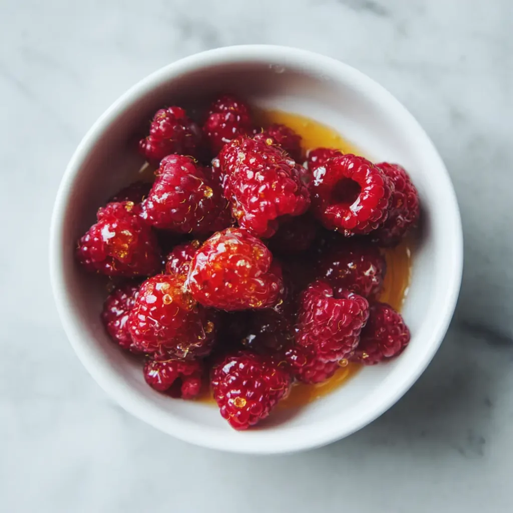 Framboises rôties au airfryer 8 Framboises fraîches dans un petit plat en céramique blanche nappées de miel et jus de citron prêtes pour la cuisson au airfryer