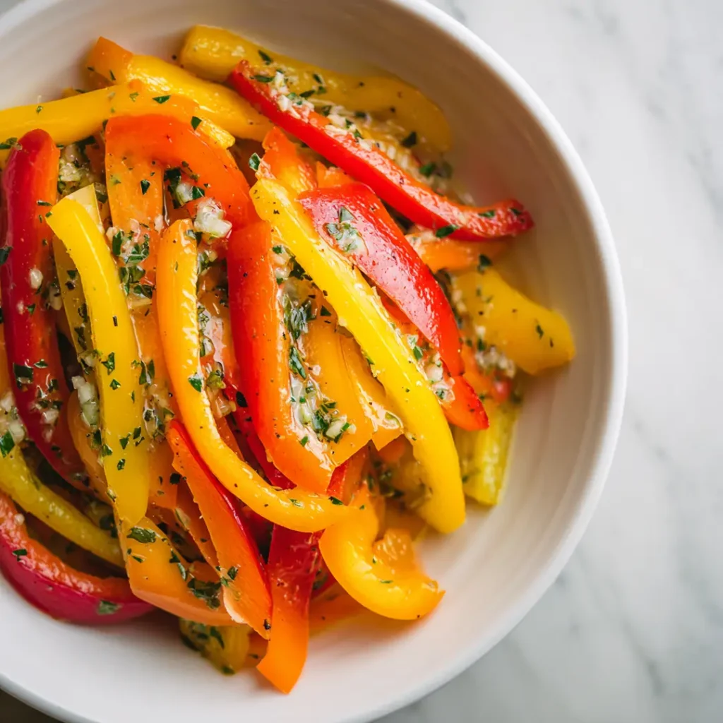 Poivrons grillés au airfryer 7 Lanières de poivrons rouges jaunes et oranges dans un bol blanc enrobées d'huile d'olive ail et herbes de Provence avant cuisson au airfryer