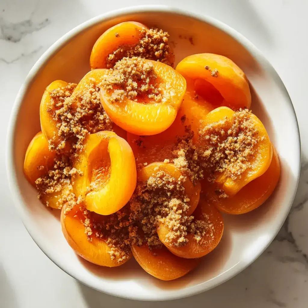 Crumble aux abricots au airfryer 10 Quartiers d'abricots frais dans un plat blanc assaisonnés de sucre brun et jus de citron avant d'être recouverts de pâte à crumble pour cuisson au airfryer