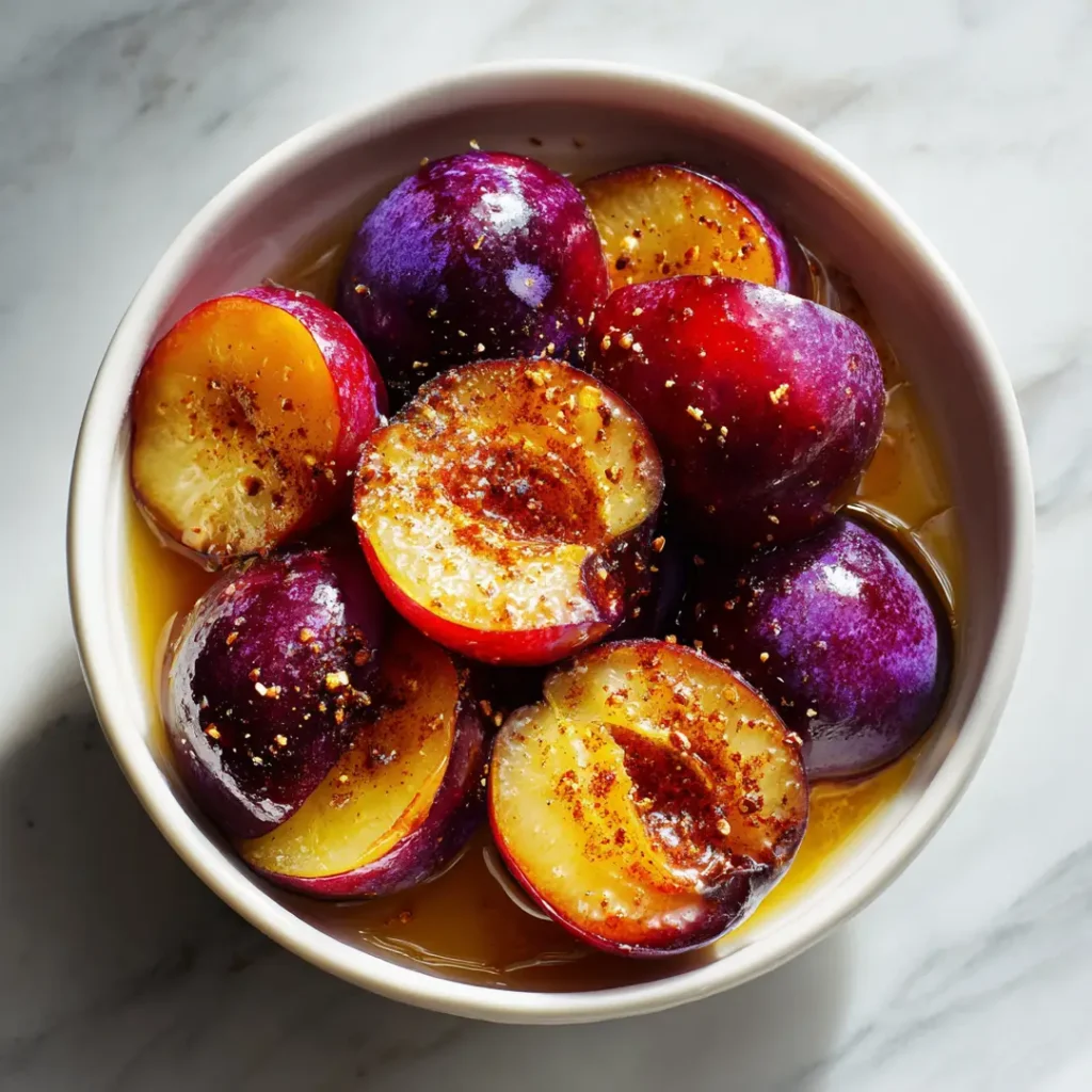 Prunes rôties au airfryer 7 Demi-prunes dans un bol blanc enrobées de miel jus de citron et cannelle avant cuisson au airfryer