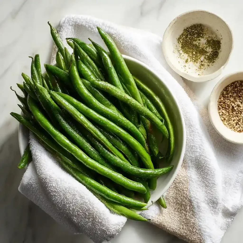 Haricots verts au airfryer 7 Haricots verts frais séchés avec un torchon sur surface marbre avant assaisonnement pour cuisson au airfryer