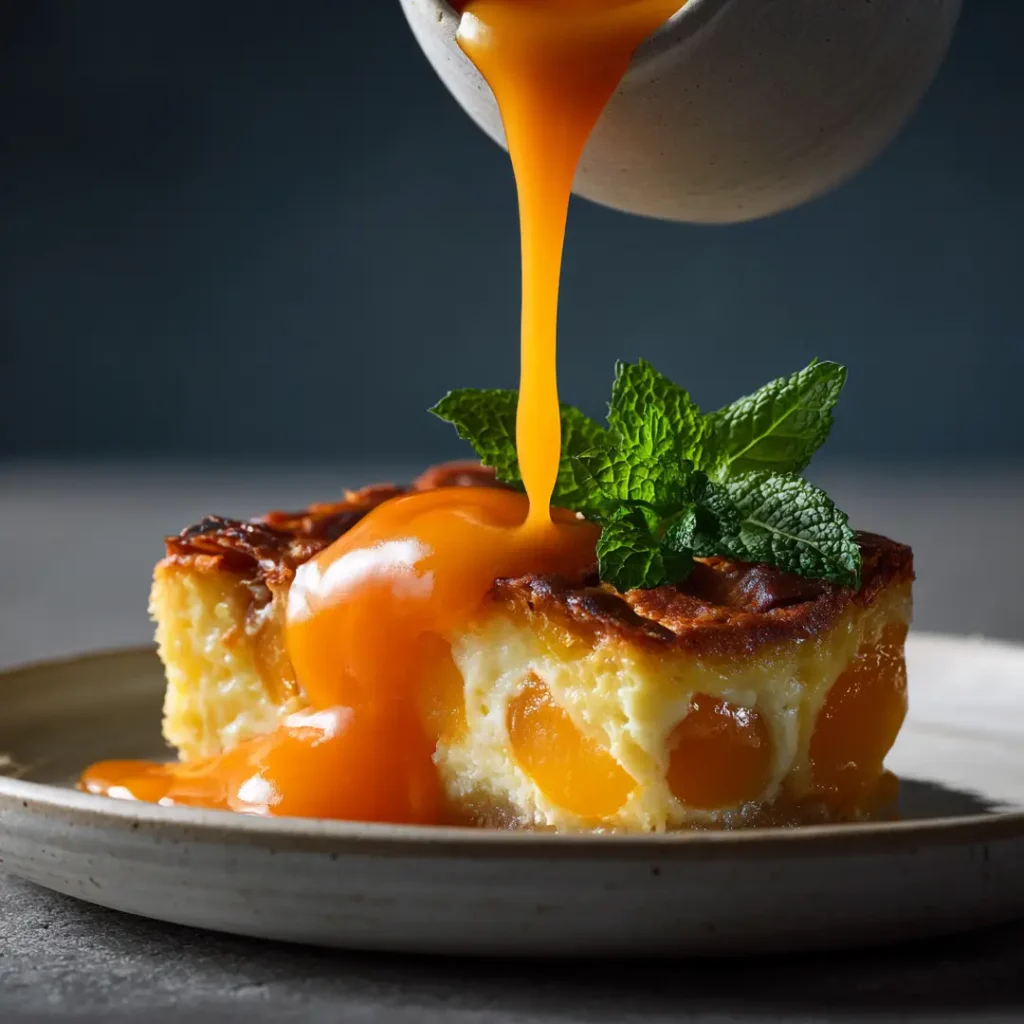 Clafoutis aux abricots au airfryer 9 Tranche de clafoutis aux abricots au airfryer sur assiette blanche nappée d'un coulis d'abricots rôtis chaud avec menthe fraîche sur fond sombre