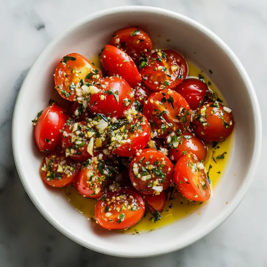 Tomates cerises confites au airfryer 11 Tomates cerises coupées en deux dans un bol blanc enrobées d'huile d'olive ail herbes et sucre avant cuisson au airfryer