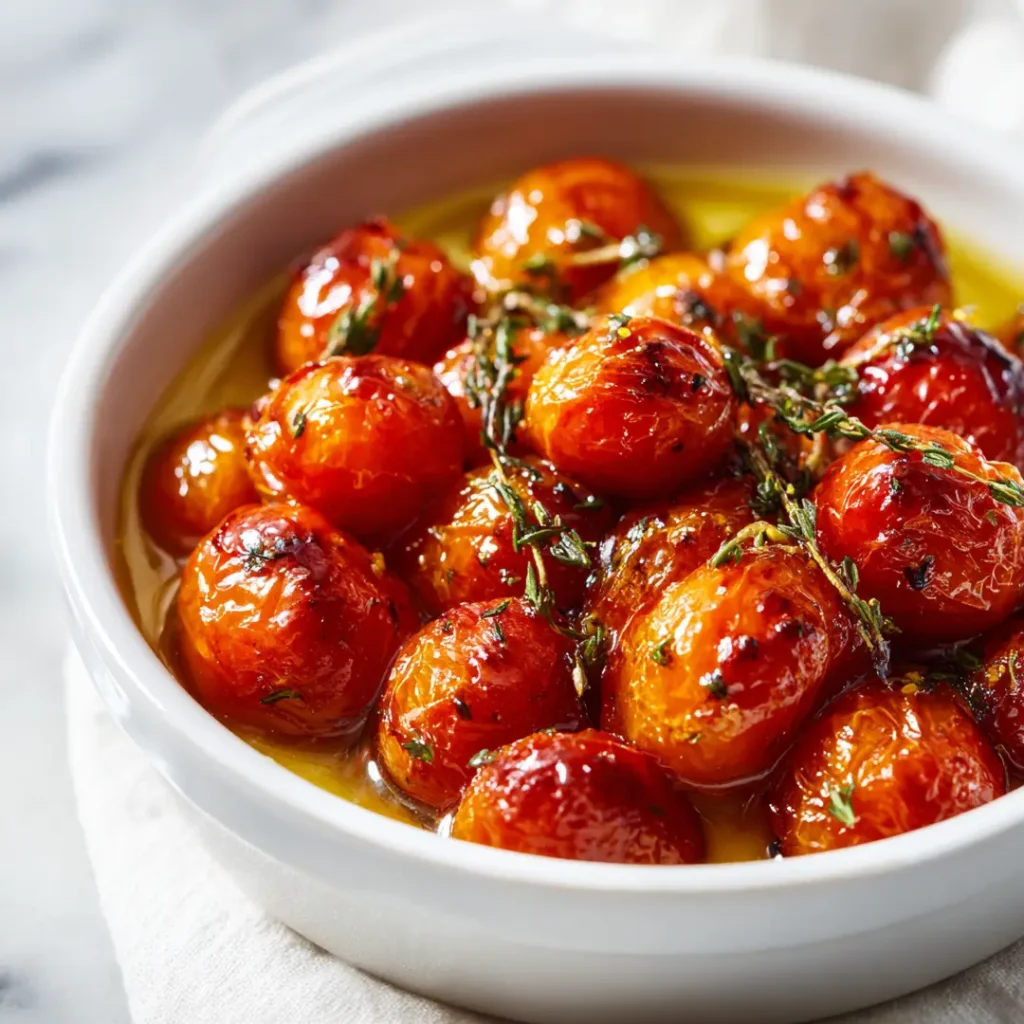 Tomates cerises confites au airfryer dorées et caramélisées dans un plat en céramique blanche avec huile d'olive herbes et ail sur fond sombre