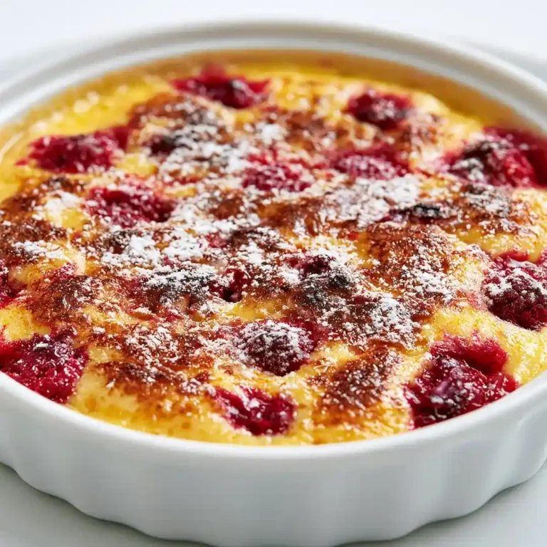 Gratin de fruits rouges au airfryer doré dans un plat blanc avec fruits rouges et sucre glace sur fond blanc