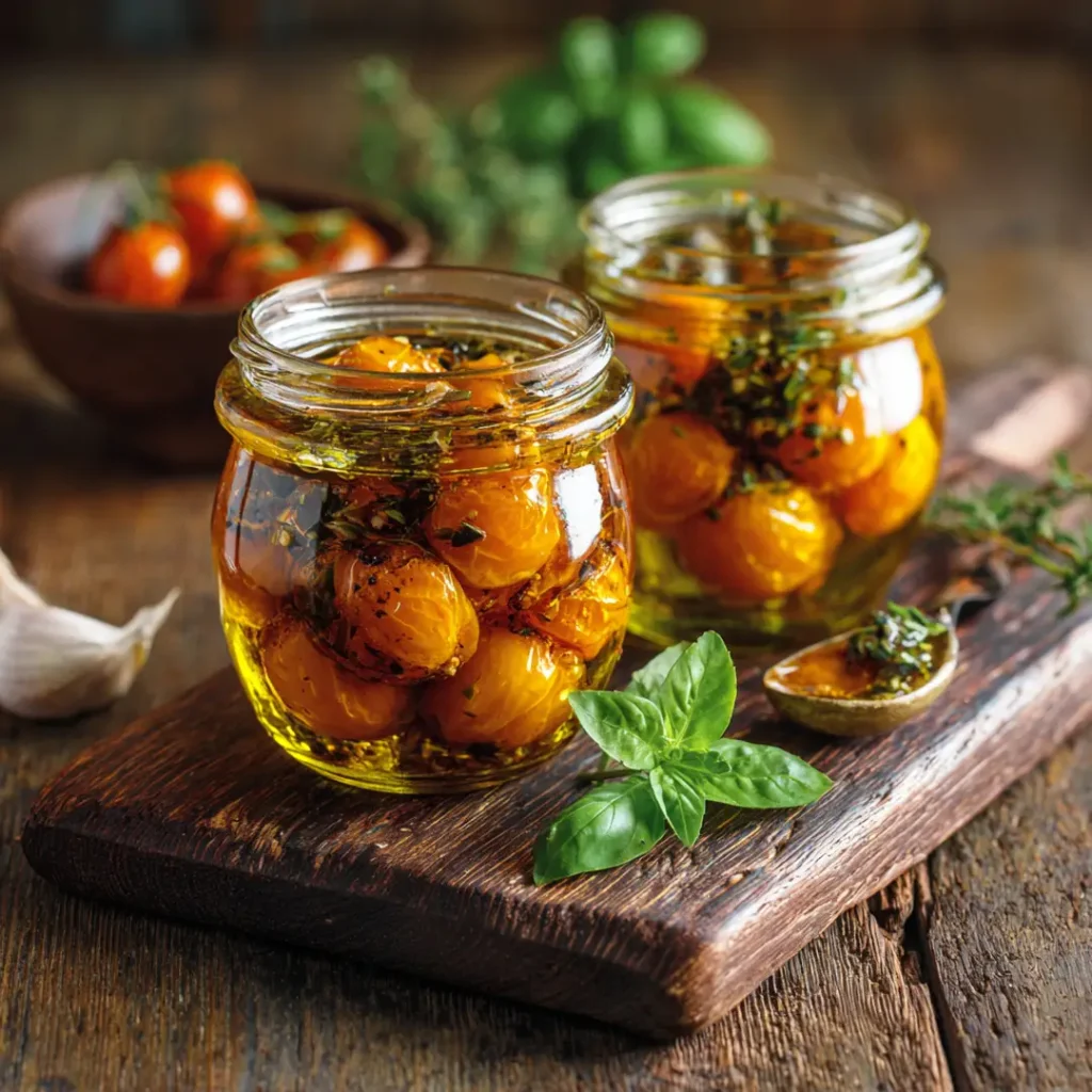 Tomates cerises confites au airfryer 12 Deux bocaux en verre remplis de tomates cerises confites au airfryer recouvertes d'huile d'olive avec ail et herbes sur planche bois rustique
