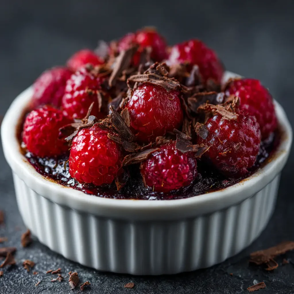 Framboises rôties au airfryer 11 Framboises rôties au airfryer avec copeaux de chocolat noir fondant par-dessus dans un plat blanc sur fond sombre