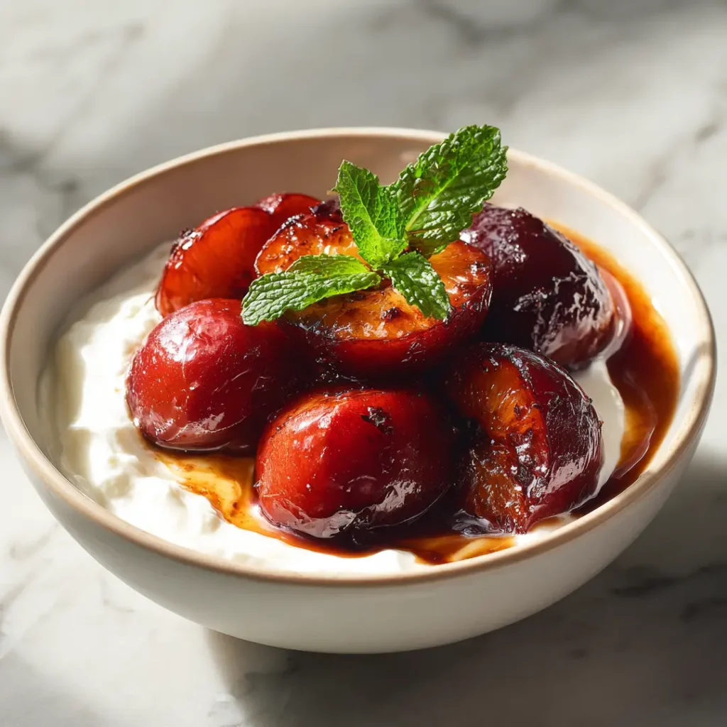 Prunes rôties au airfryer 9 Prunes rôties au airfryer avec jus ambré servies sur yaourt grec dans un bol blanc avec menthe fraîche sur fond marbre