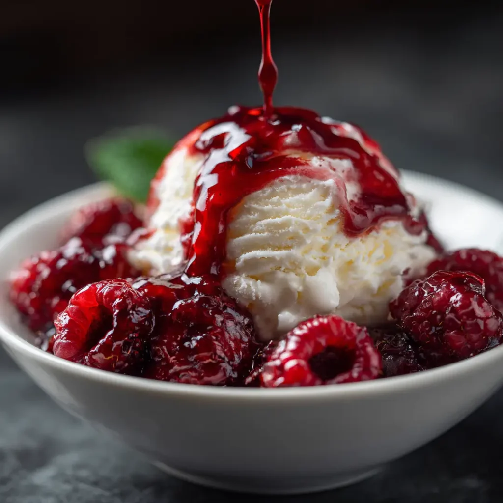 Framboises rôties au airfryer 10 Framboises rôties au airfryer avec jus sirupeux rouge versées sur une boule de glace vanille fondante dans un bol blanc sur fond sombre