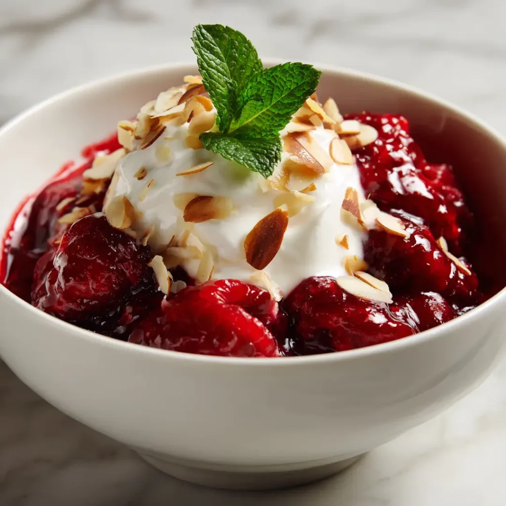 Framboises rôties au airfryer 9 Framboises rôties au airfryer avec jus rouge intense servies sur yaourt grec dans un bol blanc avec menthe fraîche et amandes effilées