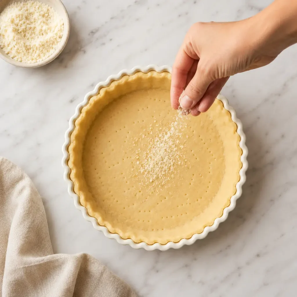 Tarte aux pêches express au airfryer 7 Poudre d'amandes saupoudrée sur le fond de tarte dans un moule blanc avant de disposer les pêches pour éviter que la pâte ne se détrempe au airfryer