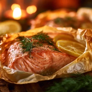 Saumon en papillote au airfryer 14 Saumon en papillote au airfryer ouvert avec vapeur qui s'échappe du papier cuisson doré révélant un pavé de saumon nacré avec aneth frais et tranches de citron sur fond sombre