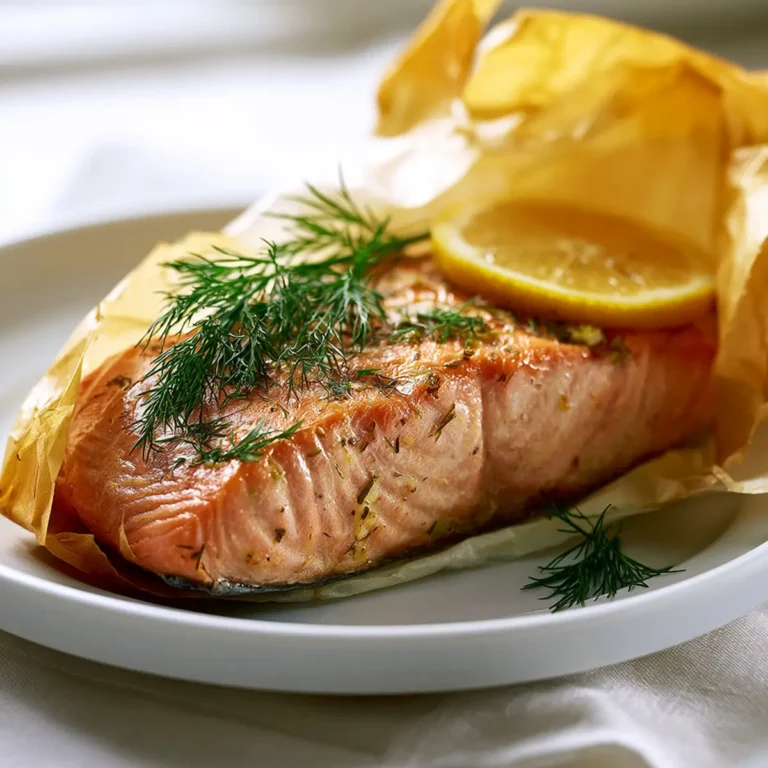 Saumon en papillote au airfryer ouvert sur assiette blanche avec pavé de saumon nacré aneth frais et citron sur fond blanc