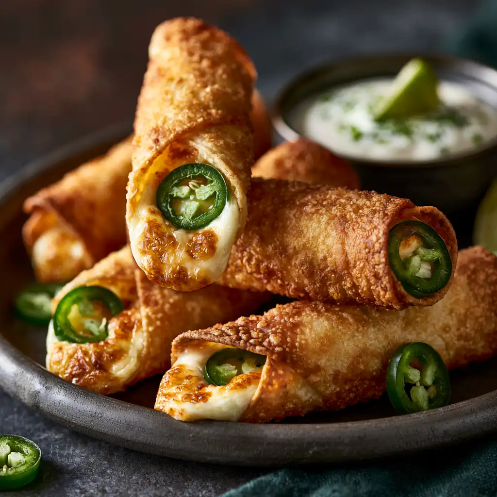 Tortilla mozzarella sticks au airfryer 6 Tortilla mozzarella sticks au airfryer version jalapeño avec rondelles de piment visible et sauce yaourt citron vert sur fond sombre
