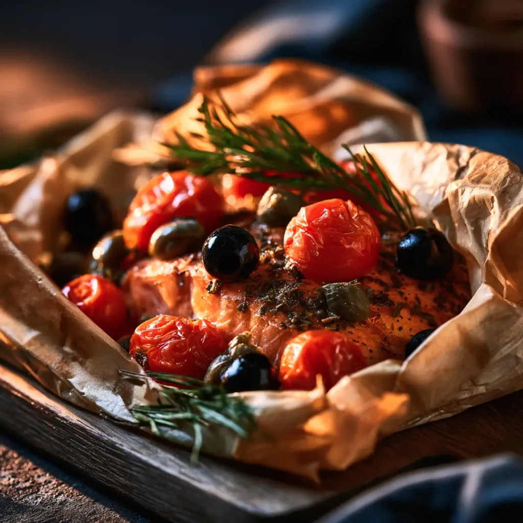 Saumon en papillote au airfryer 8 Saumon en papillote au airfryer version méditerranéenne ouvert avec tomates cerises olives noires câpres et herbes de Provence sur fond sombre