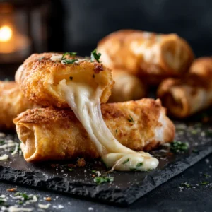 Tortilla mozzarella sticks au airfryer 13 Tortilla mozzarella sticks au airfryer dorés et croustillants sur ardoise sombre avec un stick ouvert révélant le fromage fondu qui s'étire sur fond sombre