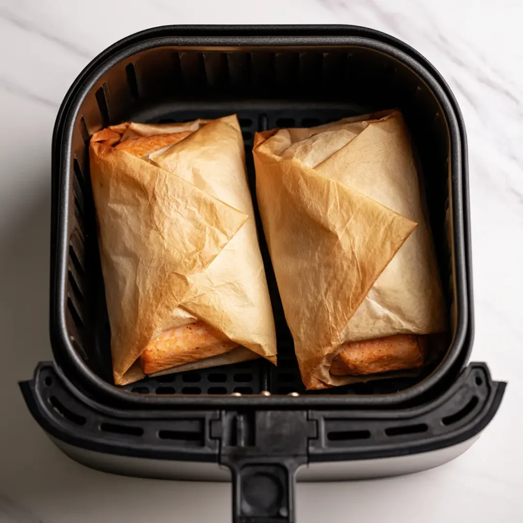 Saumon en papillote au airfryer 7 Deux papillotes en papier cuisson hermétiquement fermées contenant les pavés de saumon dans le panier ouvert d'un airfryer avant cuisson