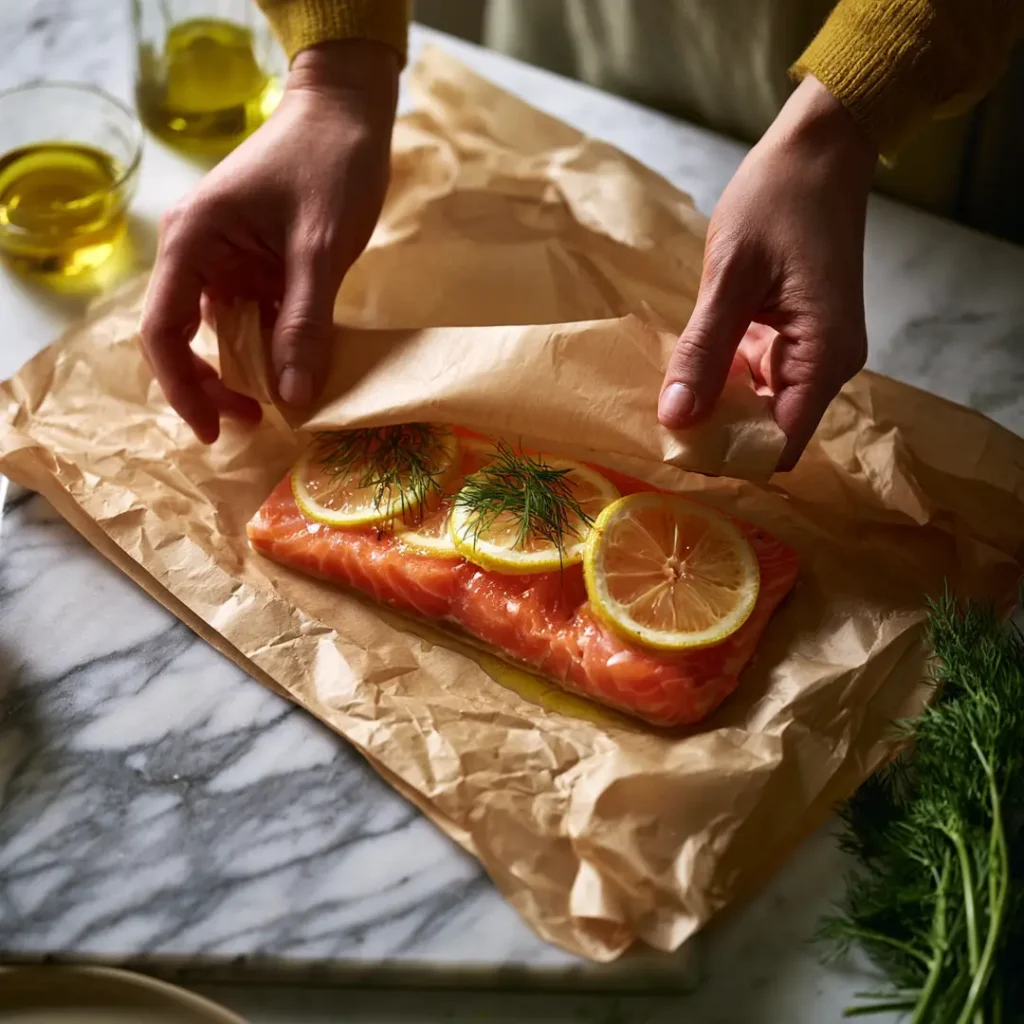 Saumon en papillote au airfryer 9 Mains repliant hermétiquement le papier cuisson autour d'un pavé de saumon avec tranches de citron et aneth avant cuisson au airfryer sur surface marbre